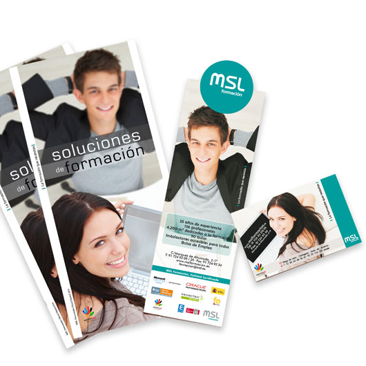 folleto, tarjeta y marcapáginas de MSL Formación